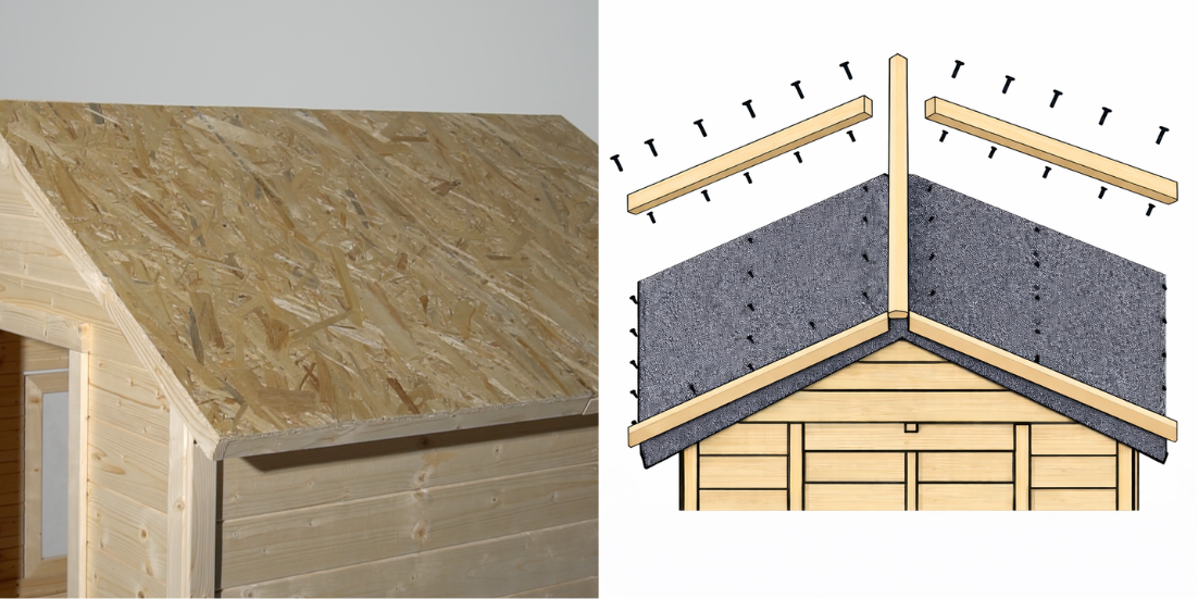 Schéma de fixation du feutre bitumeux sur le toit d'une cabane